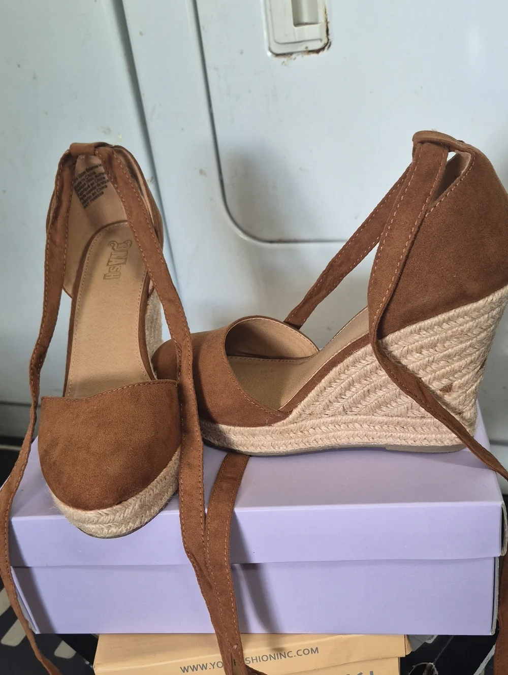 Brash Tan Suede Espadrille Wedge Sandals with Ankle Wrap